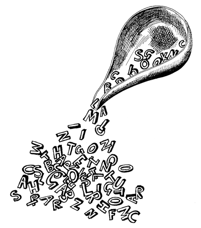 pen and ink drawing of metal scoop filled with letters 