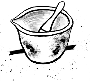 pen and ink drawing of pestle and mortar